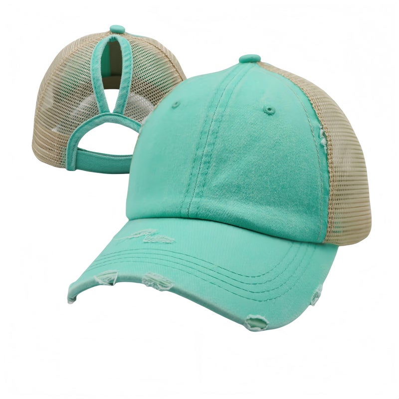 ProMindFun Womens Ponytail High Messy Bun Hats Distressed Baseball Caps Unconstructed Washed Dad Hat Girls Trucker Ponycaps (05-Turquoise) - Image 1